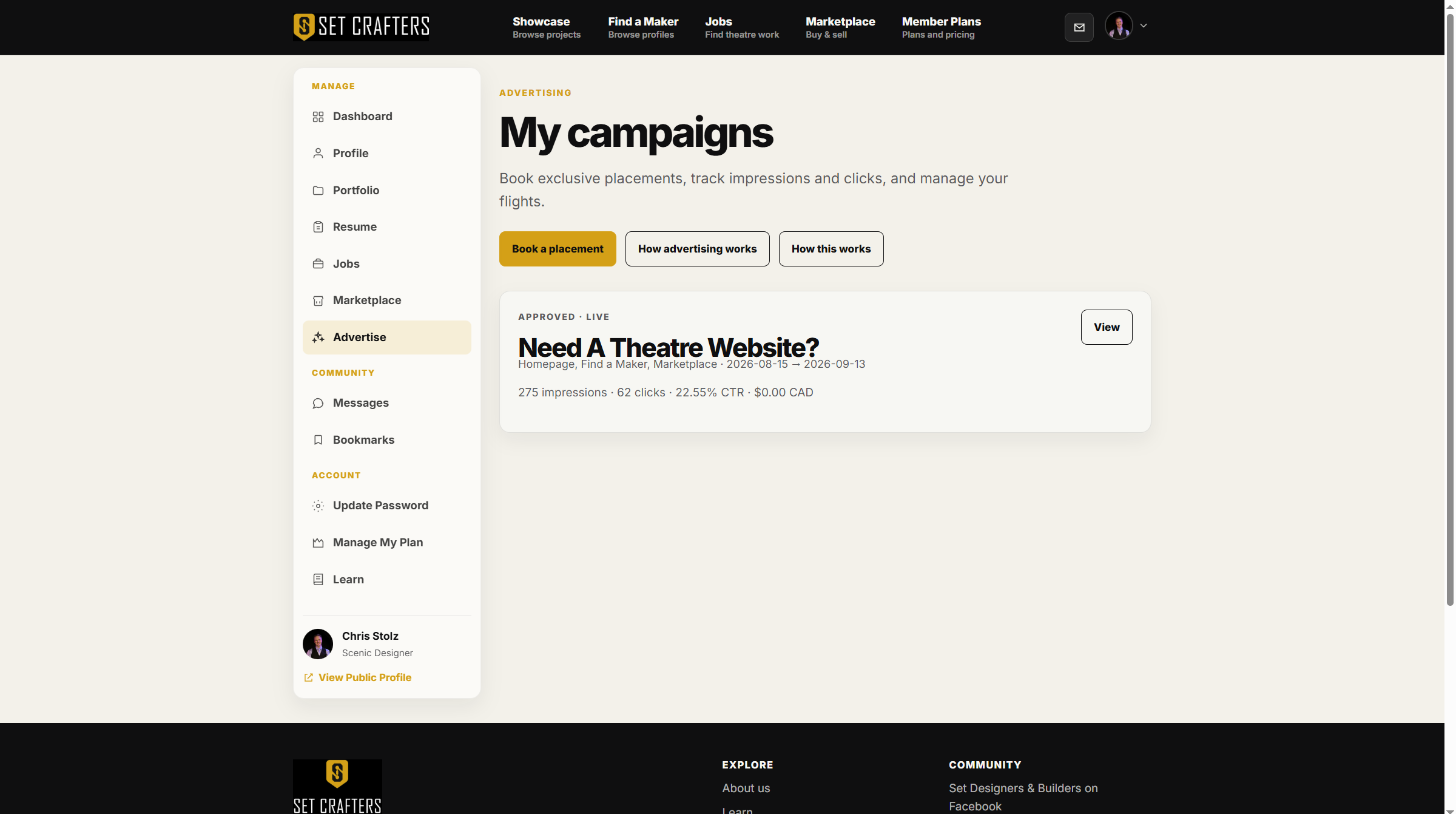 Book a placement is the primary button on My campaigns.