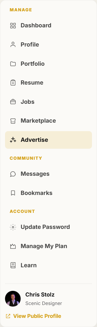 Advertise is in the dashboard left menu.