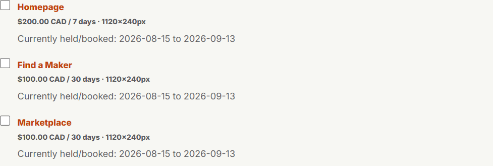 Placement checkboxes, dates, and the size guide sit on the booking form.