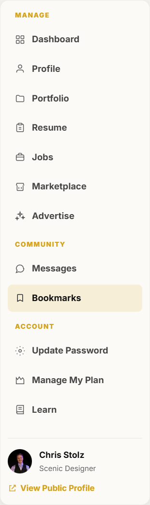 Bookmarks is in the dashboard Community section.