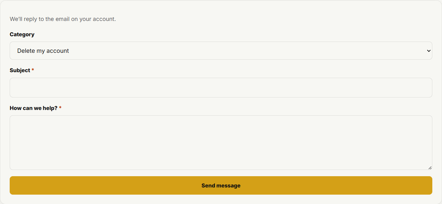 The contact form includes a Delete my account category.