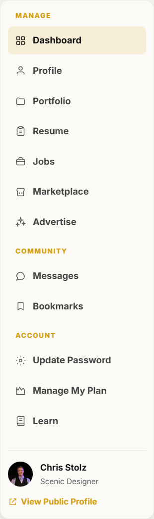 The dashboard left menu lists Profile, Portfolio, Resume, Jobs, Marketplace, and Advertise.
