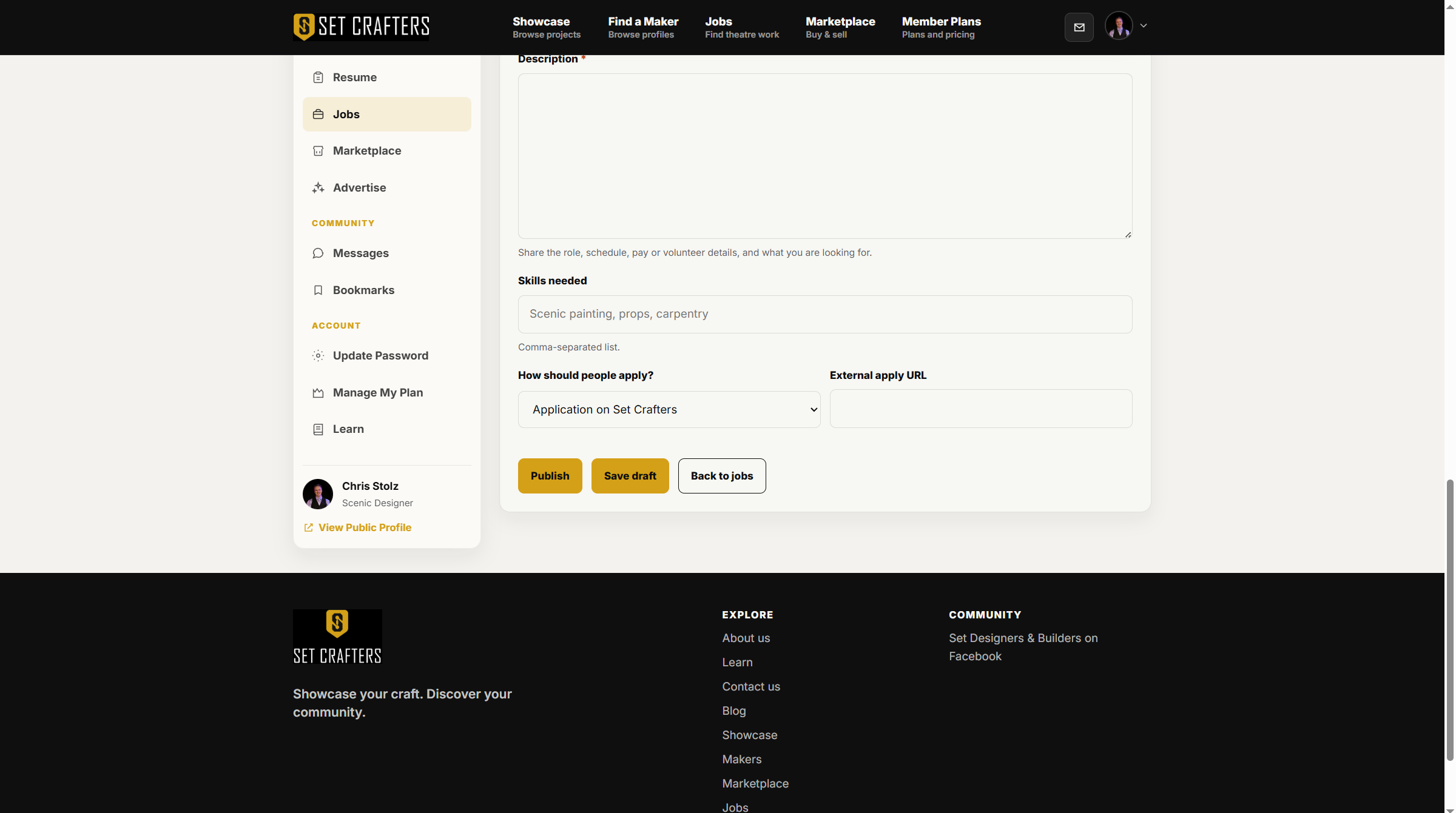 Apply method is on the job form: platform or external URL.