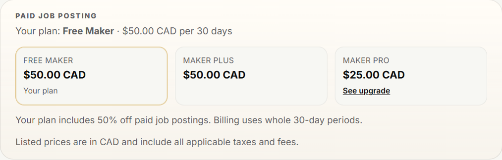 Checkout appears when a one-time posting fee is required.