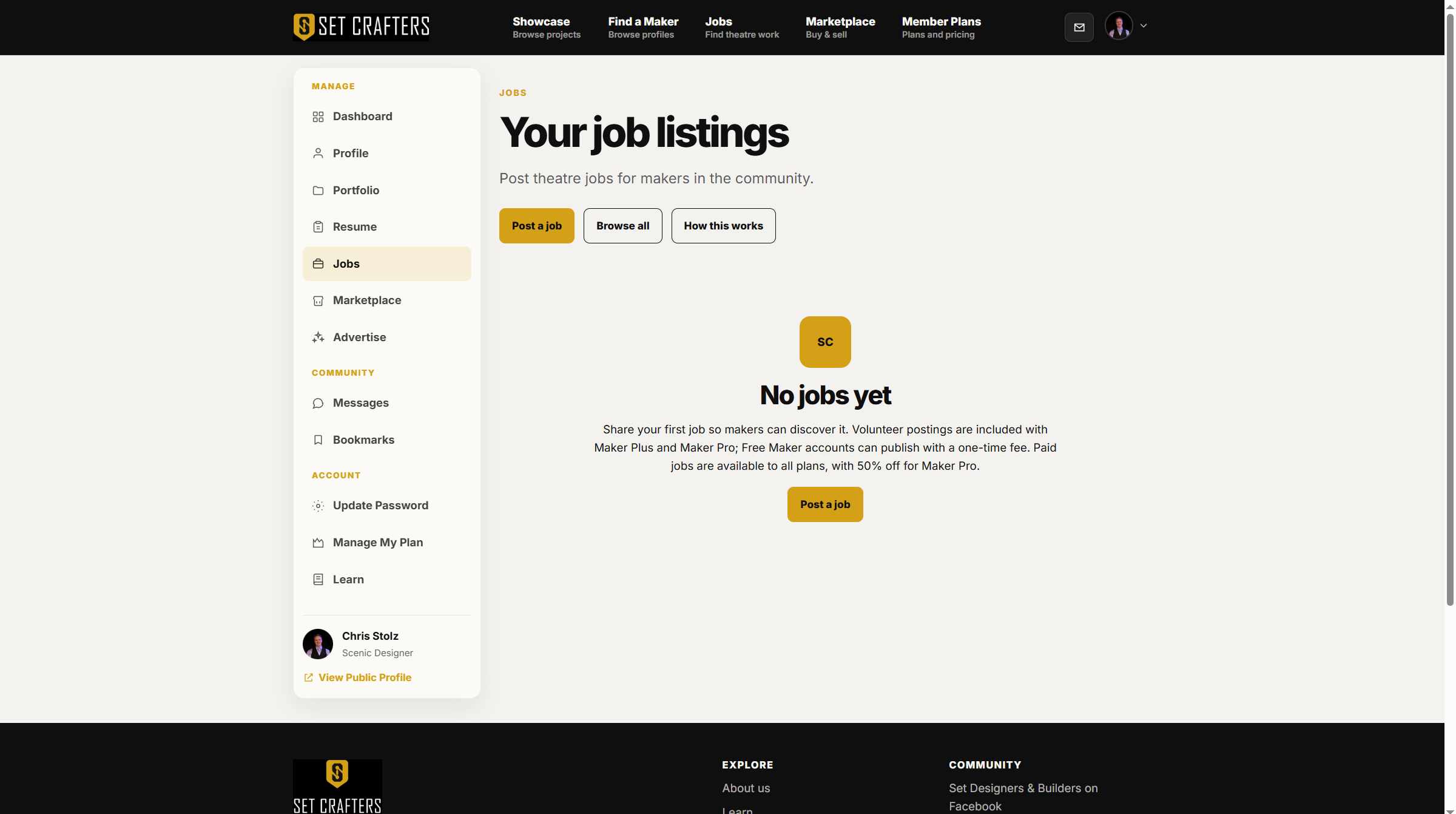 Post a job is the primary button on Your job listings.