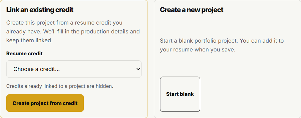 The add-project screen can create a project from an existing resume credit.