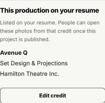 The project editor sidebar shows the linked resume credit.