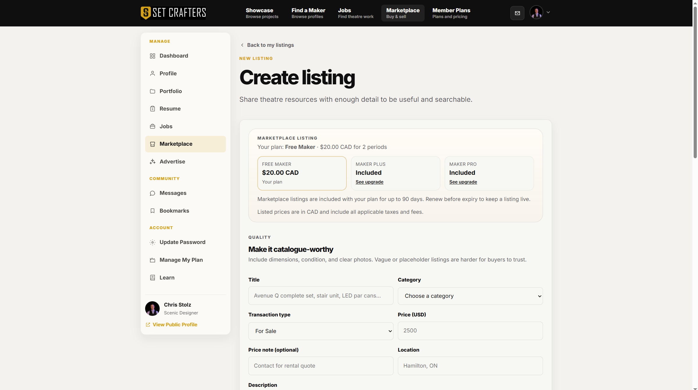The listing form starts with title, category, price, and description.