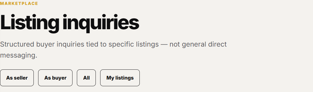 Listing inquiries can be filtered by seller or buyer.