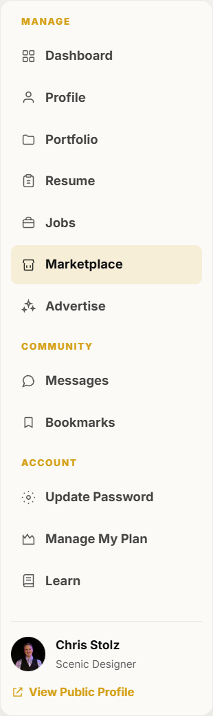Marketplace is in the dashboard left menu.