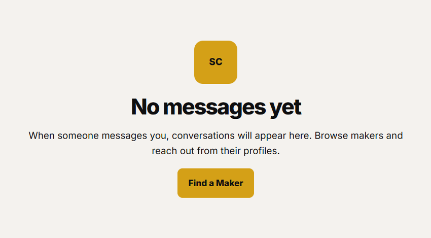 The inbox lists conversations, or shows an empty state until the first one arrives.