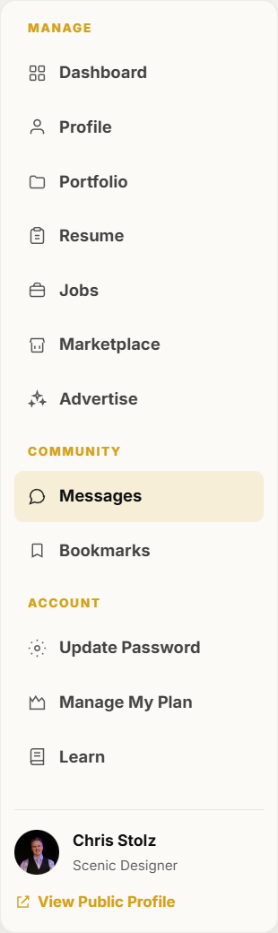 Messages is in the site header and the dashboard Community section.