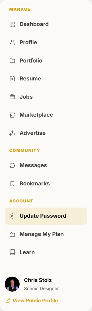 Update Password is in the dashboard Account section.