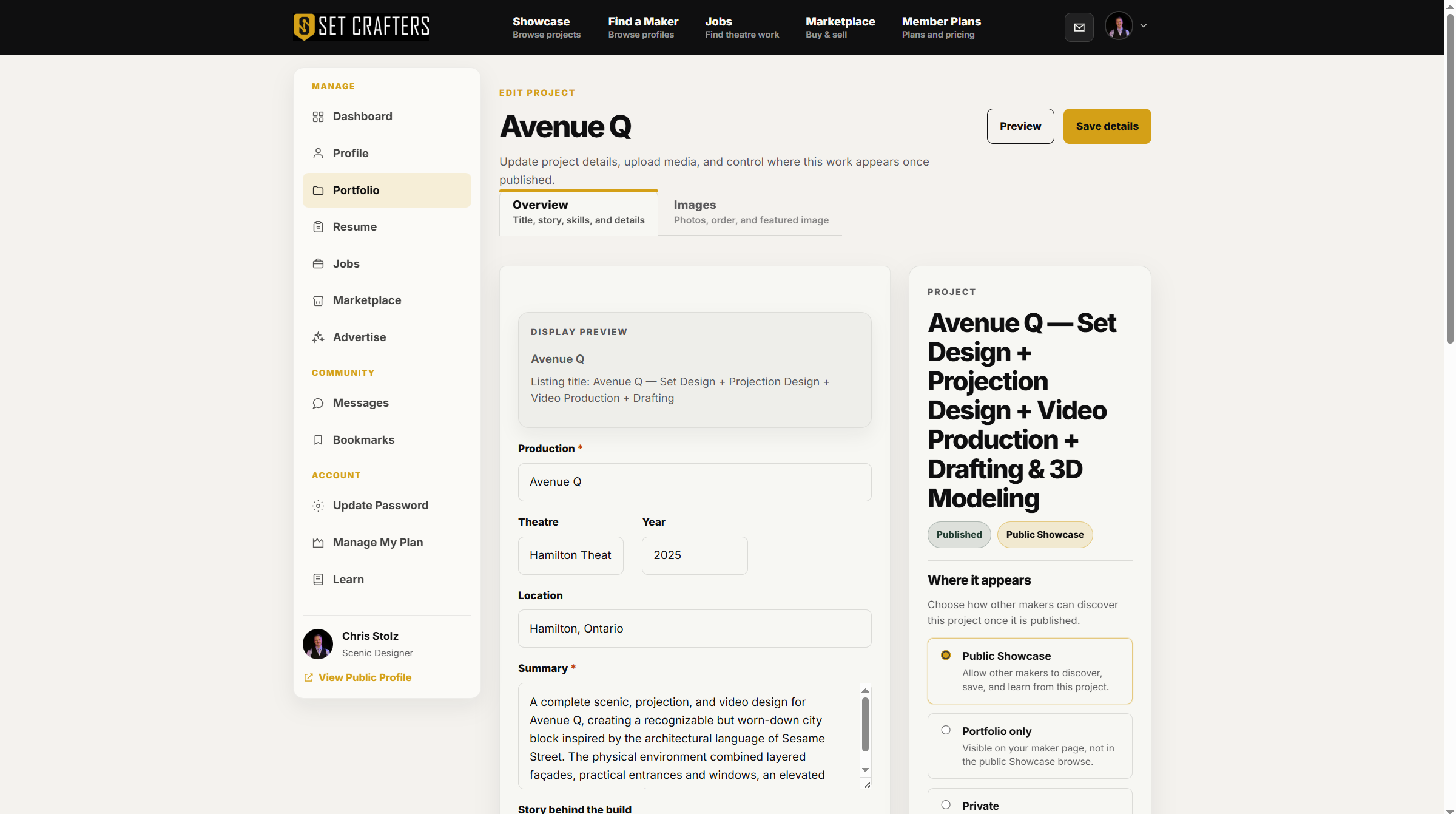 The project editor starts on the details tab.