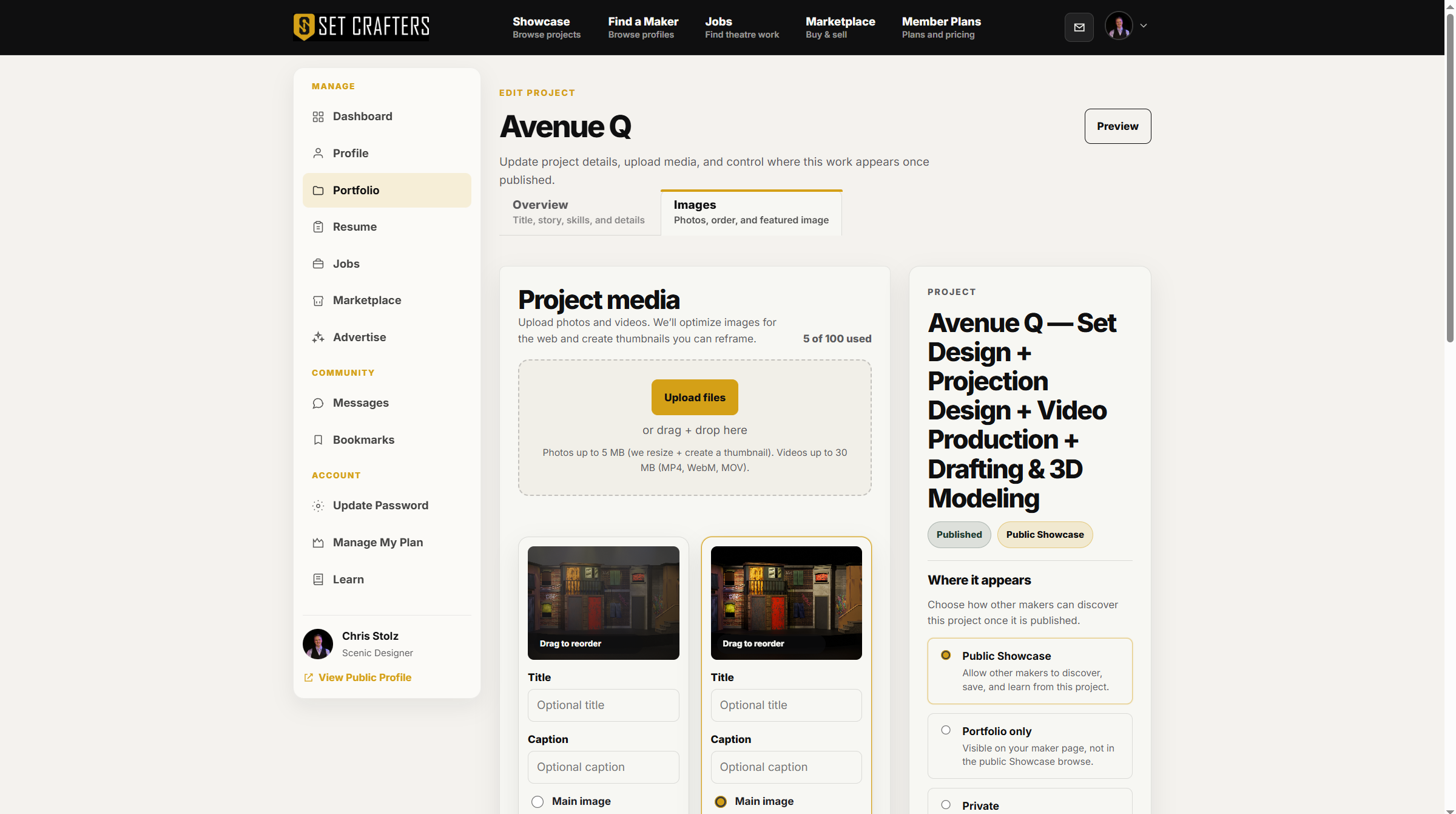 Project media is a separate tab in the project editor.