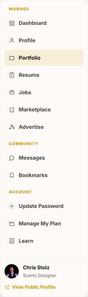 Portfolio is in the dashboard left menu.