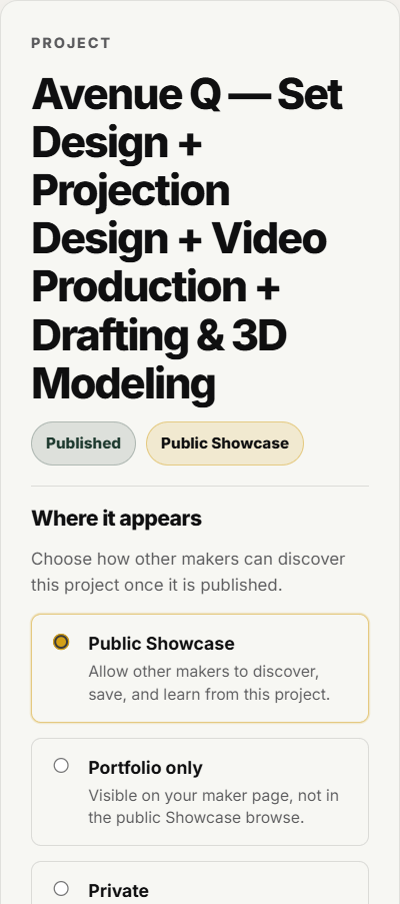 Visibility choices are Public Showcase, Portfolio only, and Private.