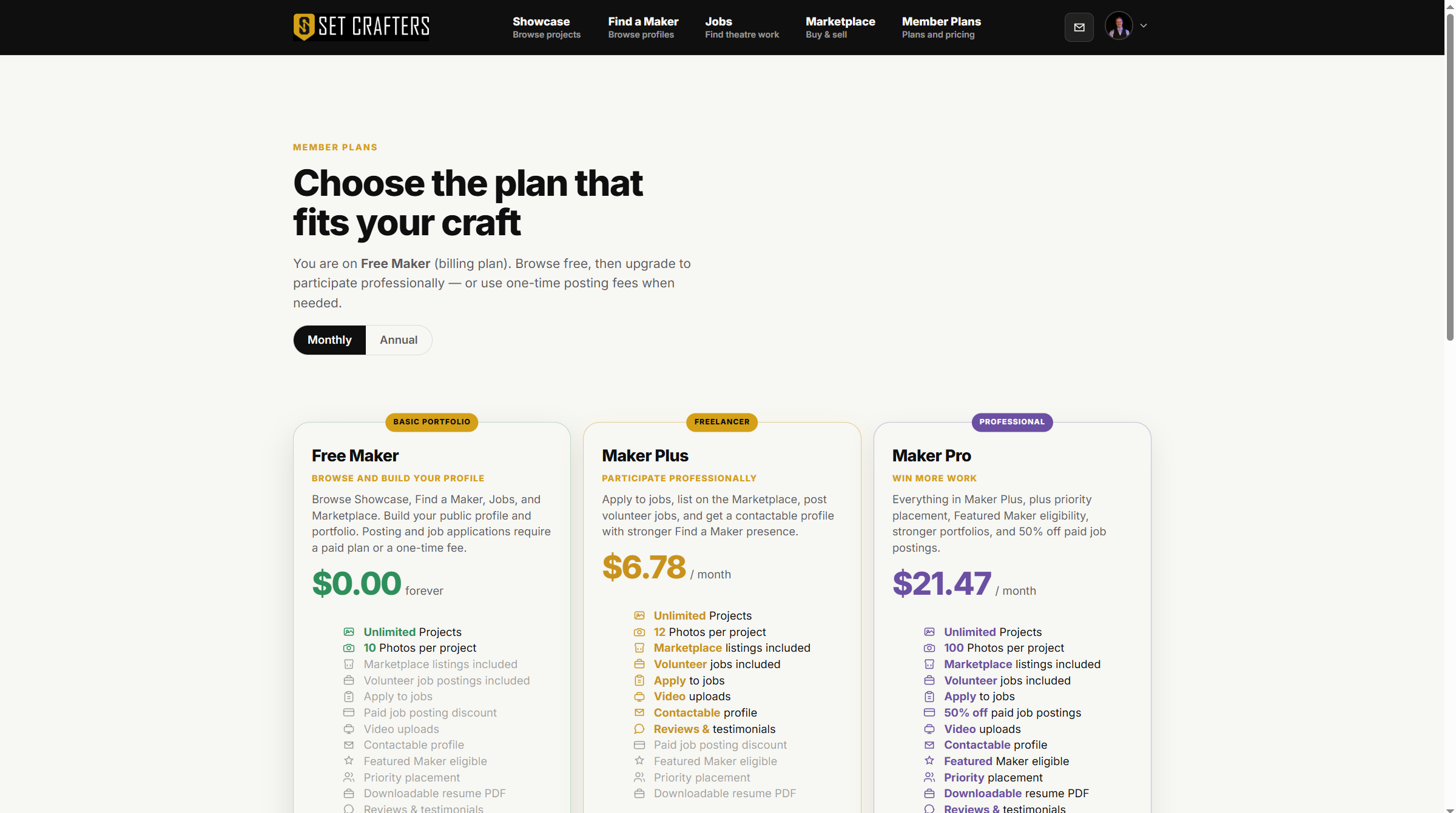 The public pricing page lists each maker plan.