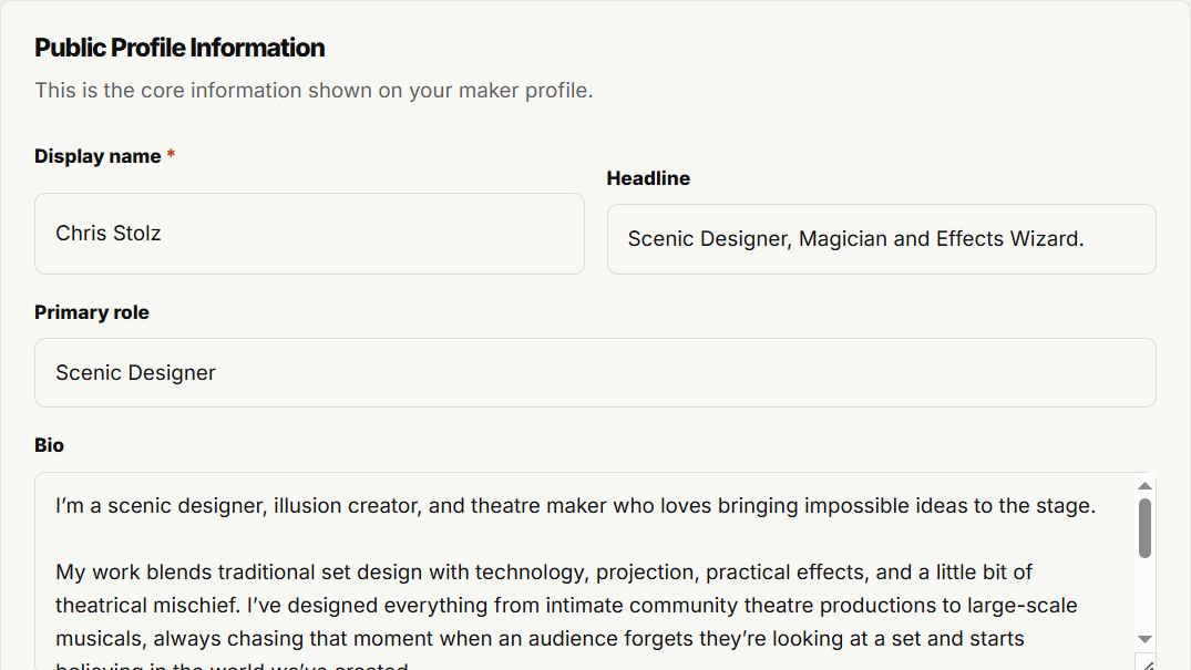 Name, headline, role, and bio fields sit in the Profile details section.