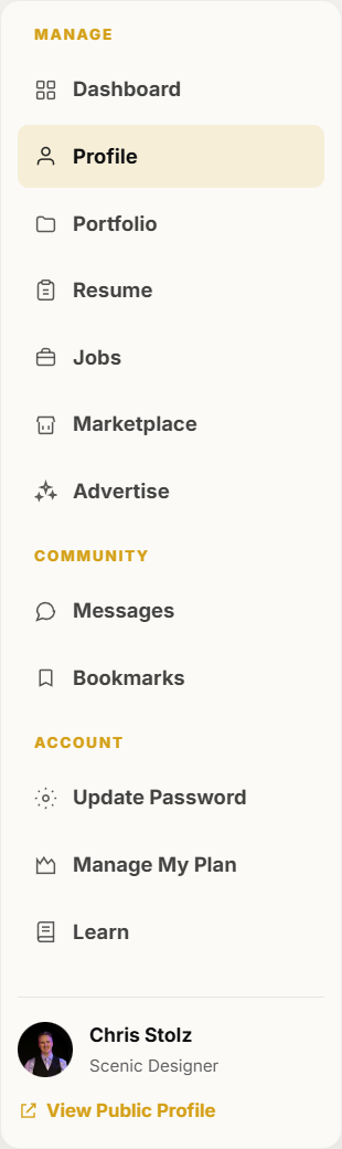 Profile is in the dashboard left menu.