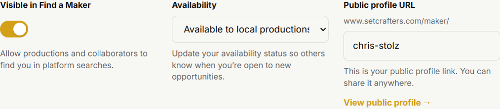 Find a Maker visibility is the toggle labeled Visible in Find a Maker.