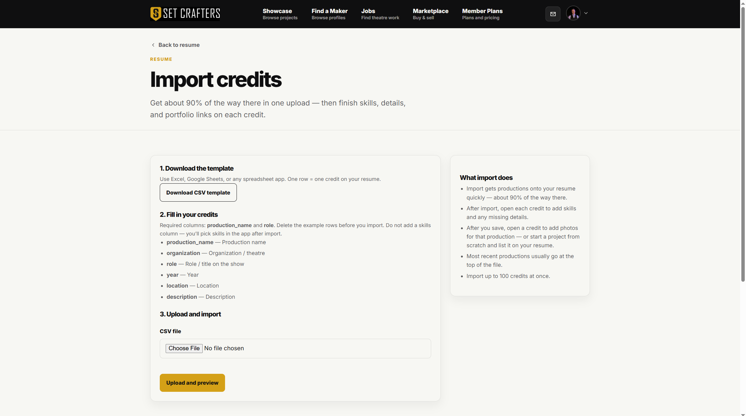 The import page accepts a CSV of production credits.