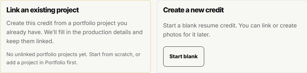The credit editor can link a portfolio project.
