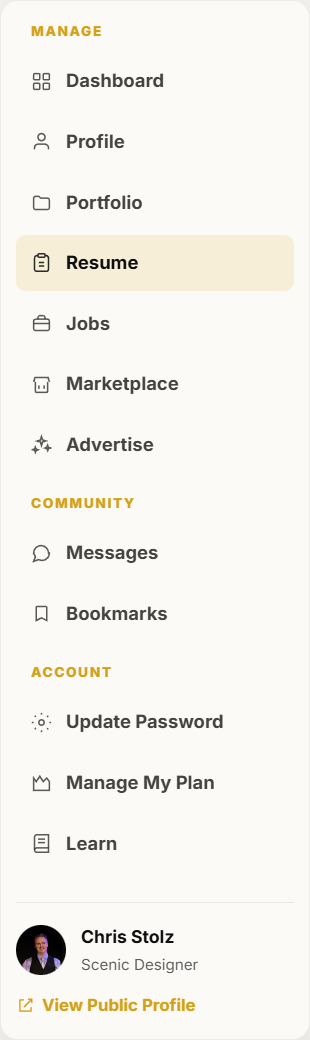 Resume is in the dashboard left menu.