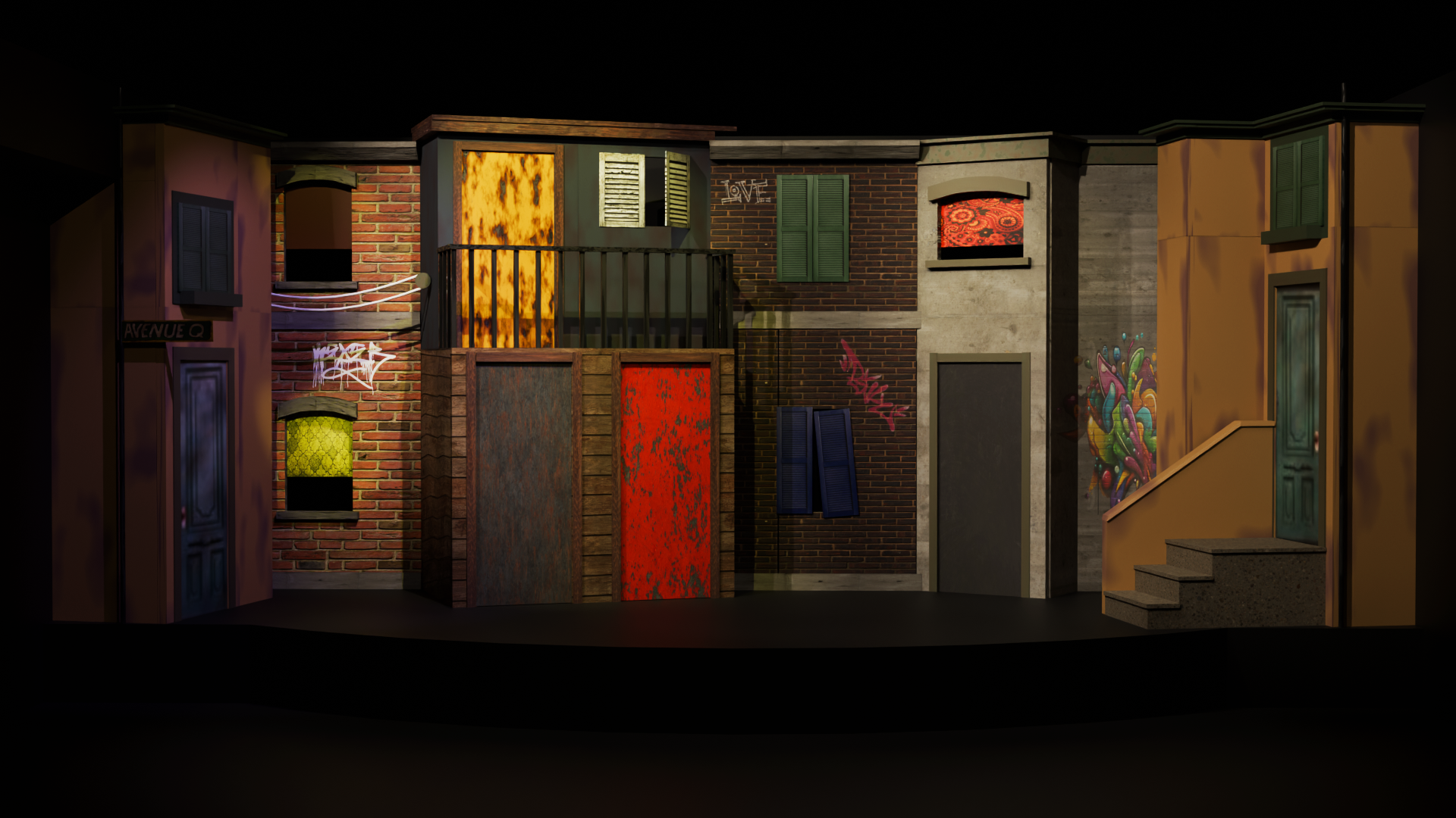 Avenue Q — SET DESIGN • PROJECTION DESIGN • VIDEO PRODUCTION • DRAFTING